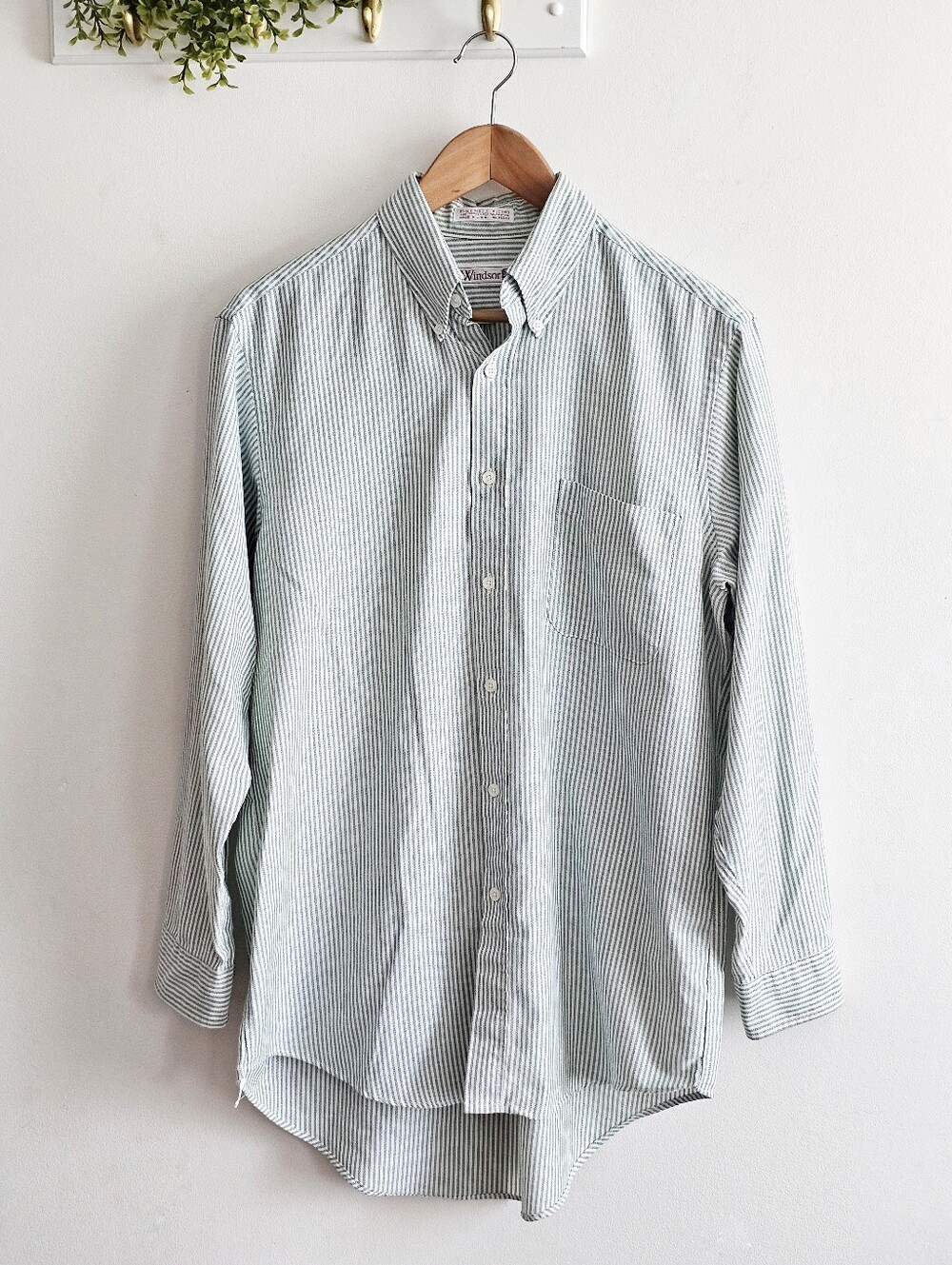 Vintage Windsor USA Made Green White Stripe Button Down Shirt Mens 16 33